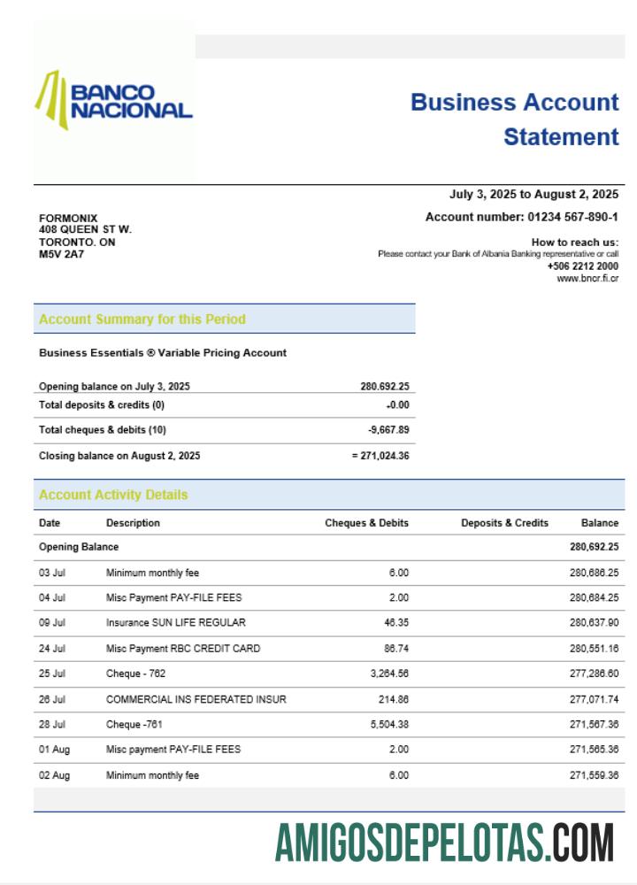 Costa Rica Banco Nacional De Costa Rica Business Bank Extrato de conta da empresa em formato Word e PDF exemplo real